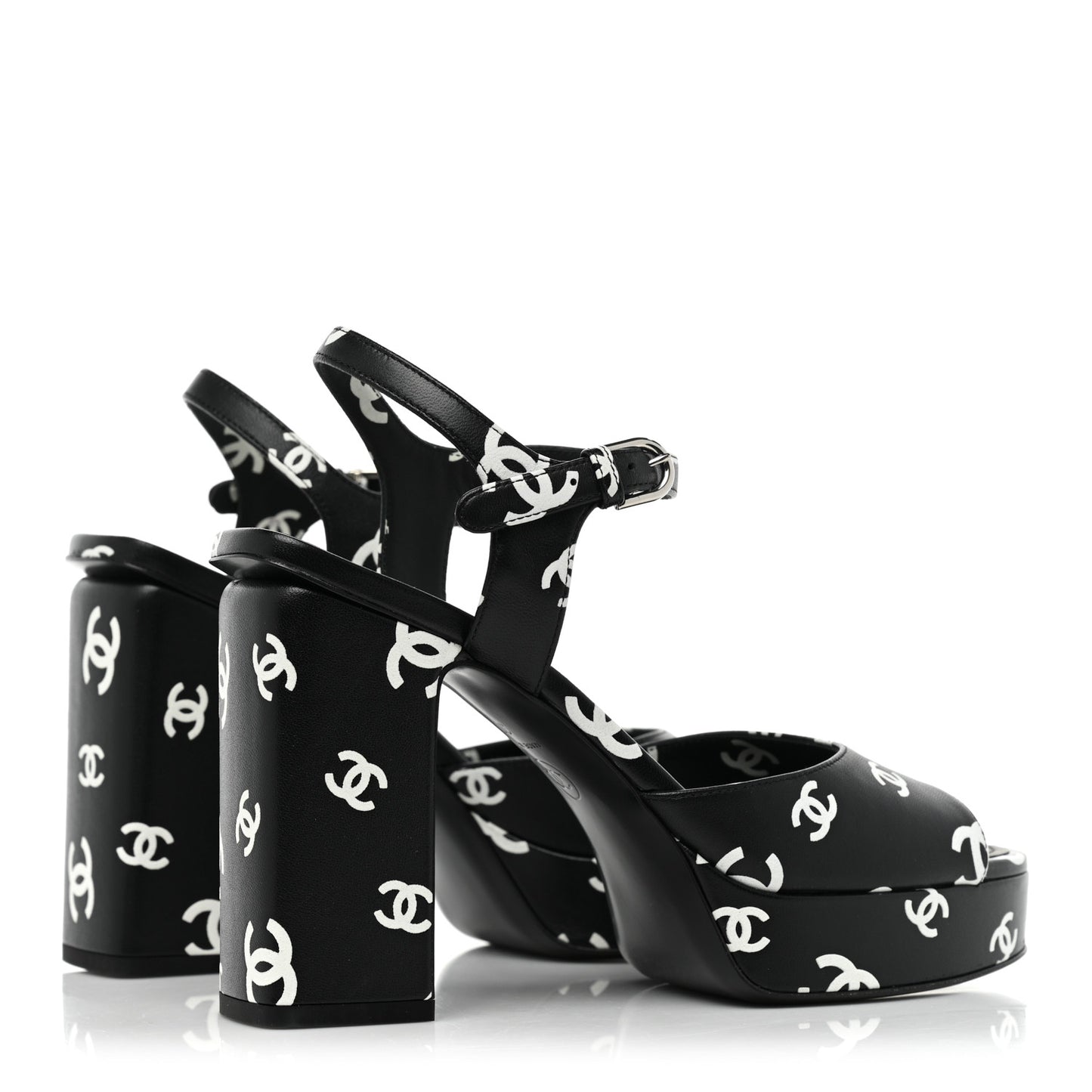 Printed Lambskin CC Platform Sandals 39 Black White