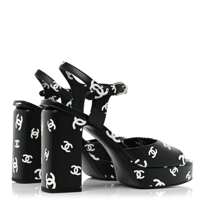 Chanel Printed Lambskin CC Platform Sandals 39 Black White 5 of 13