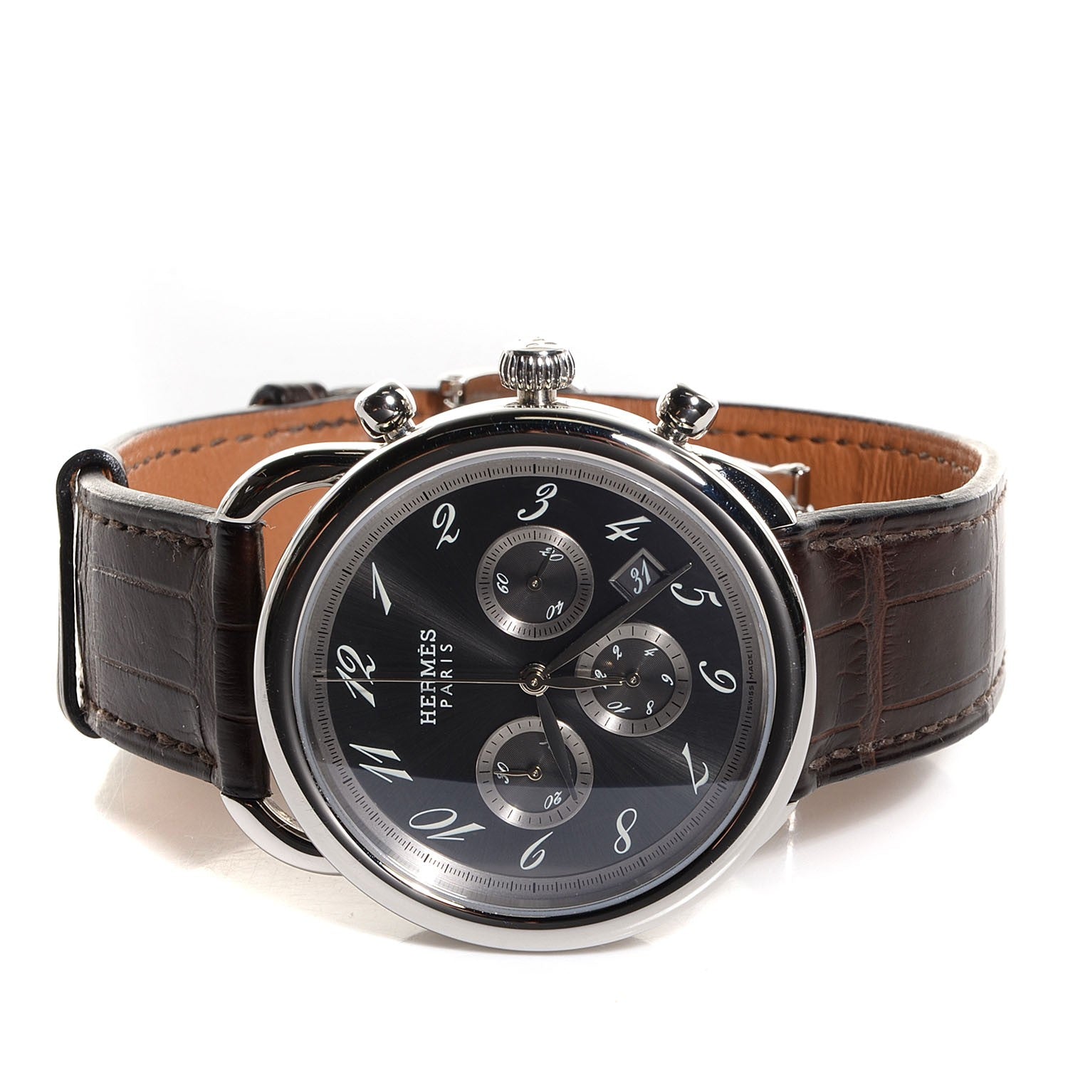 Hermes Stainless Steel Alligator 43mm Arceau Chronograph Automatic Watch Havane 7 of 9