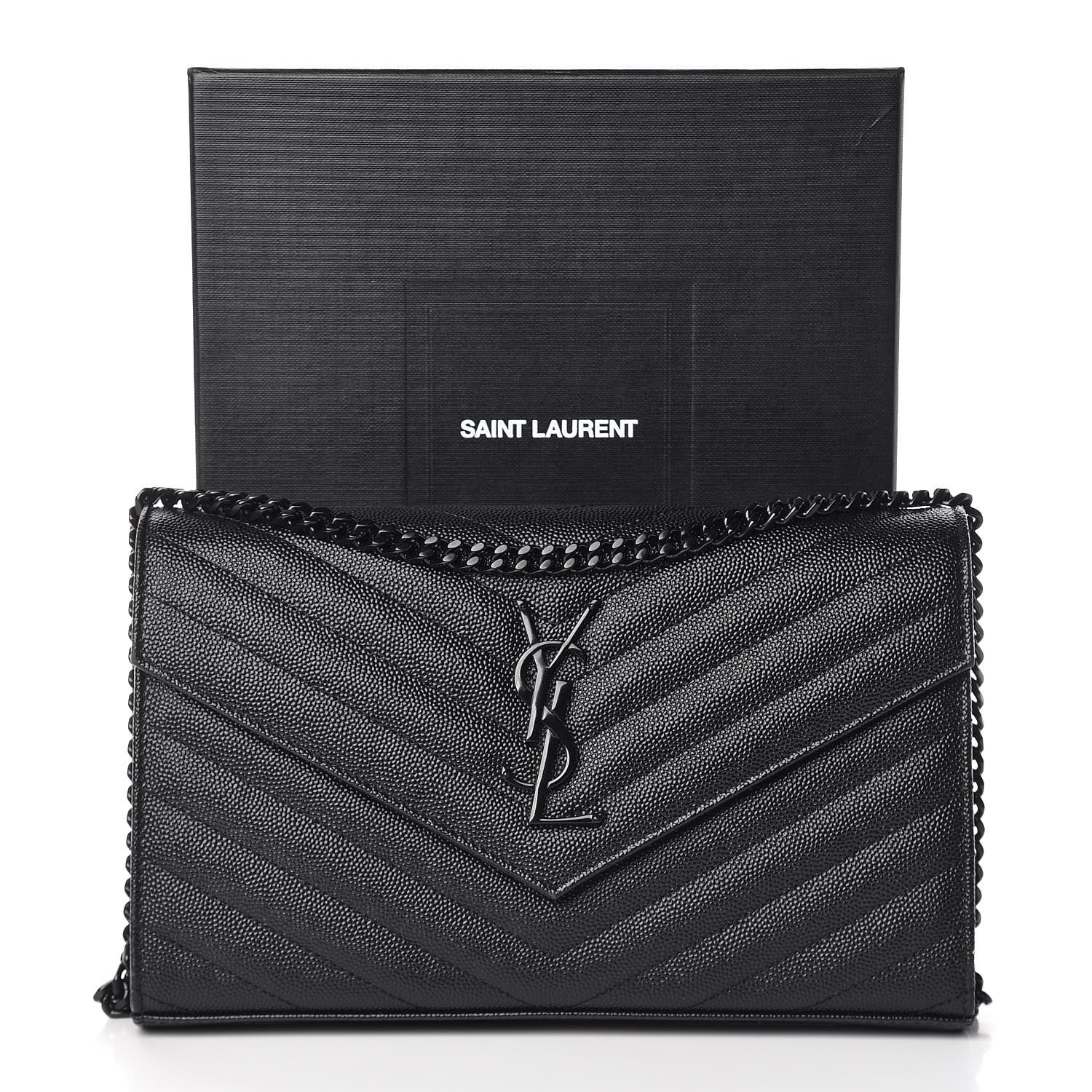 Saint Laurent Grain De Poudre Matelasse Chevron Monogram Chain Wallet Black 14 of 14