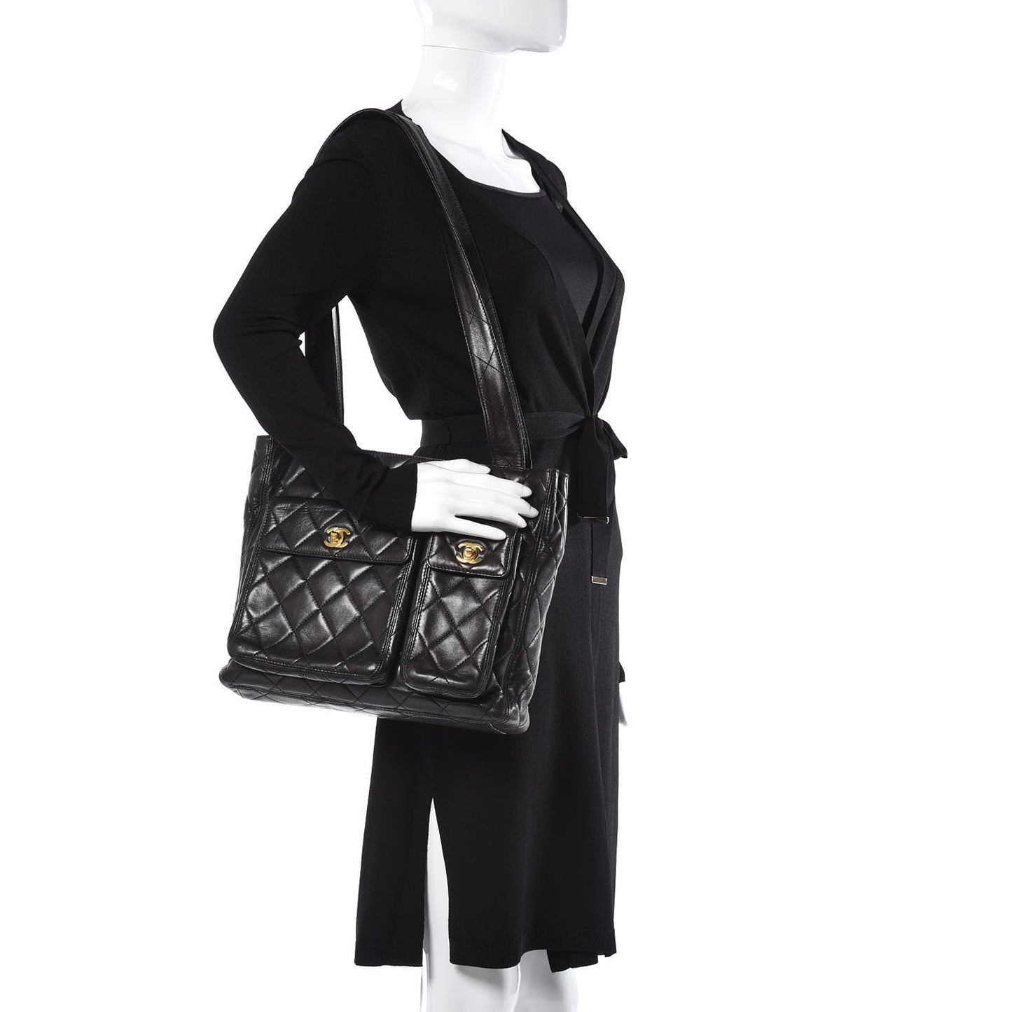 Lambskin Quilted Double Pocket Tote Black