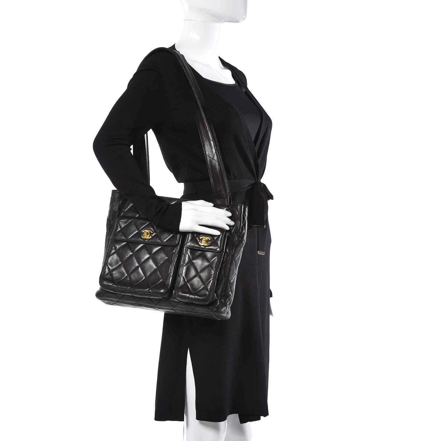 Chanel Lambskin Quilted Double Pocket Tote Black 2 of 8
