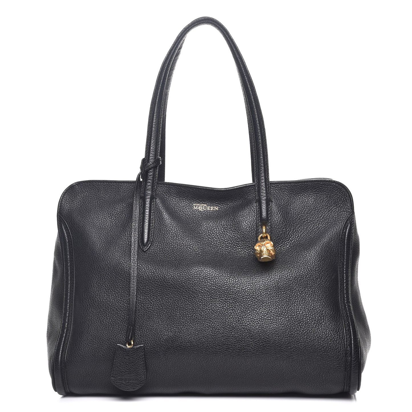 Pebbled Calfskin Large Skull Padlock Zip Around Tote Black