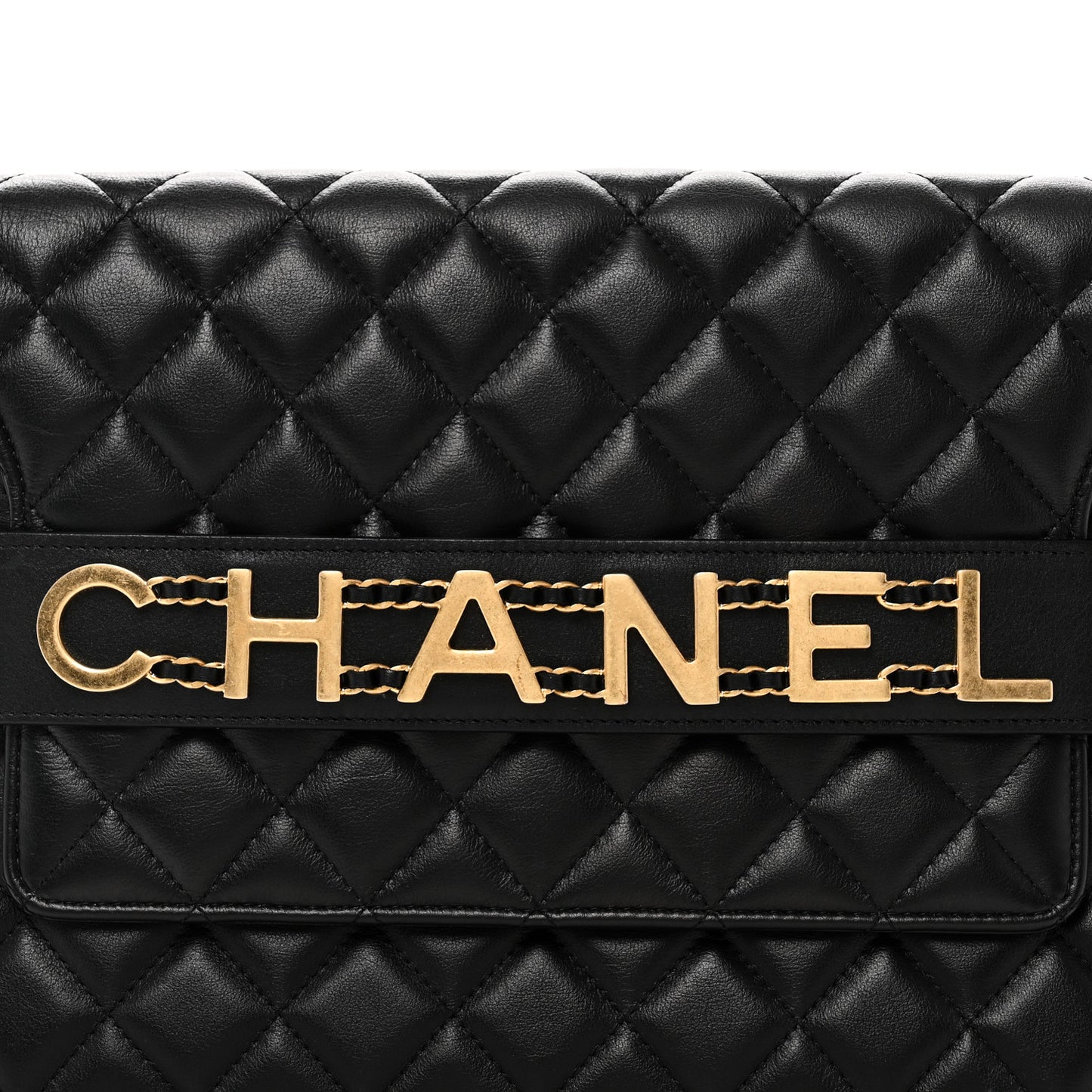 Calfskin Quilted Front Logo Enchained Clutch Black