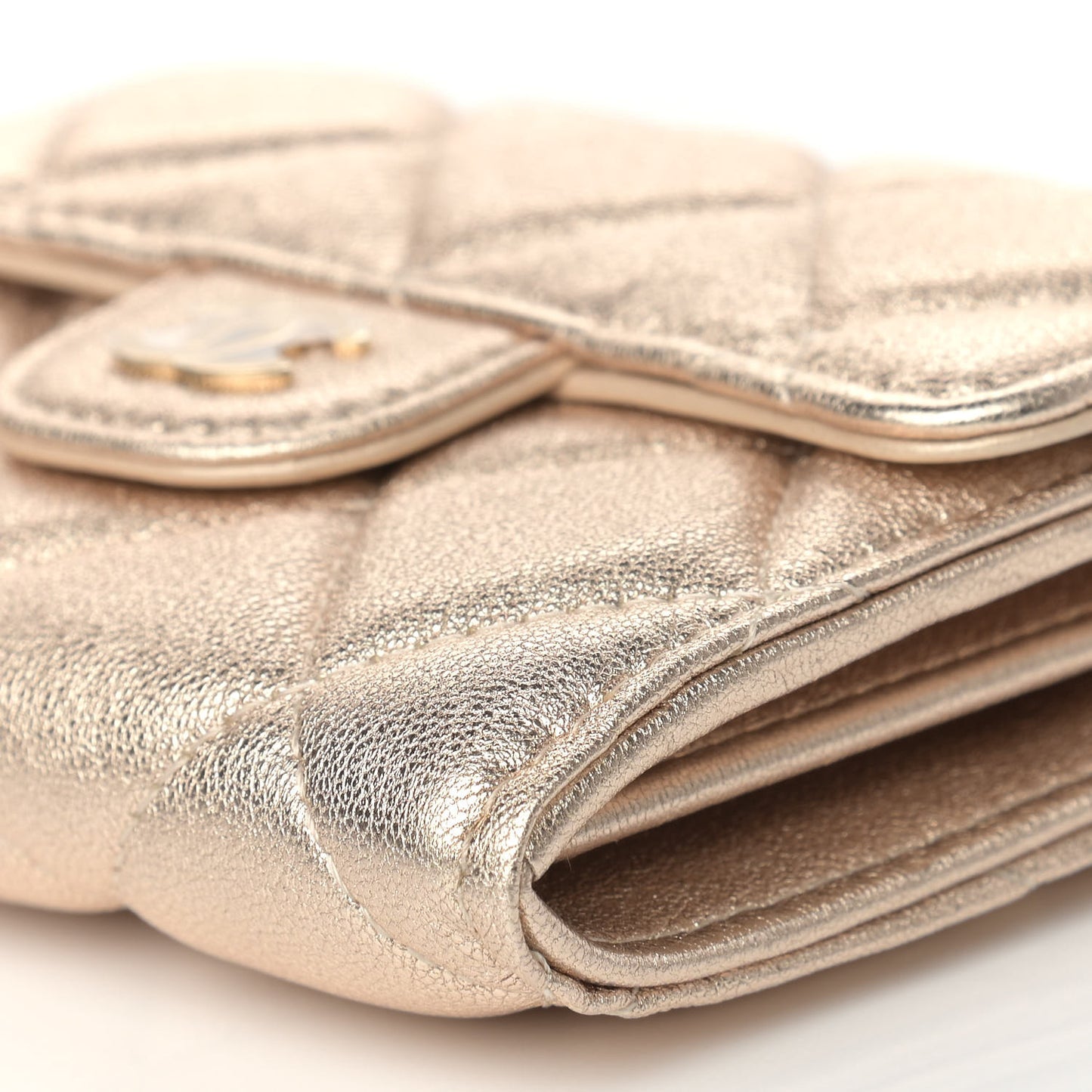 Metallic Lambskin Quilted Flap Card Holder On Chain Gold