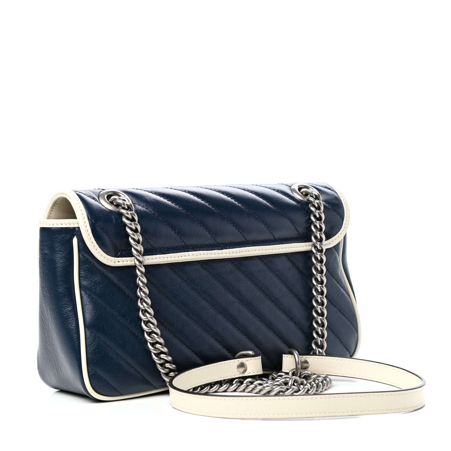 Gucci Vintage Effect Calfskin Matelasse Diagonal Small Torchon GG Marmont Shoulder Bag Blue Agata Mystic White 3 of 10