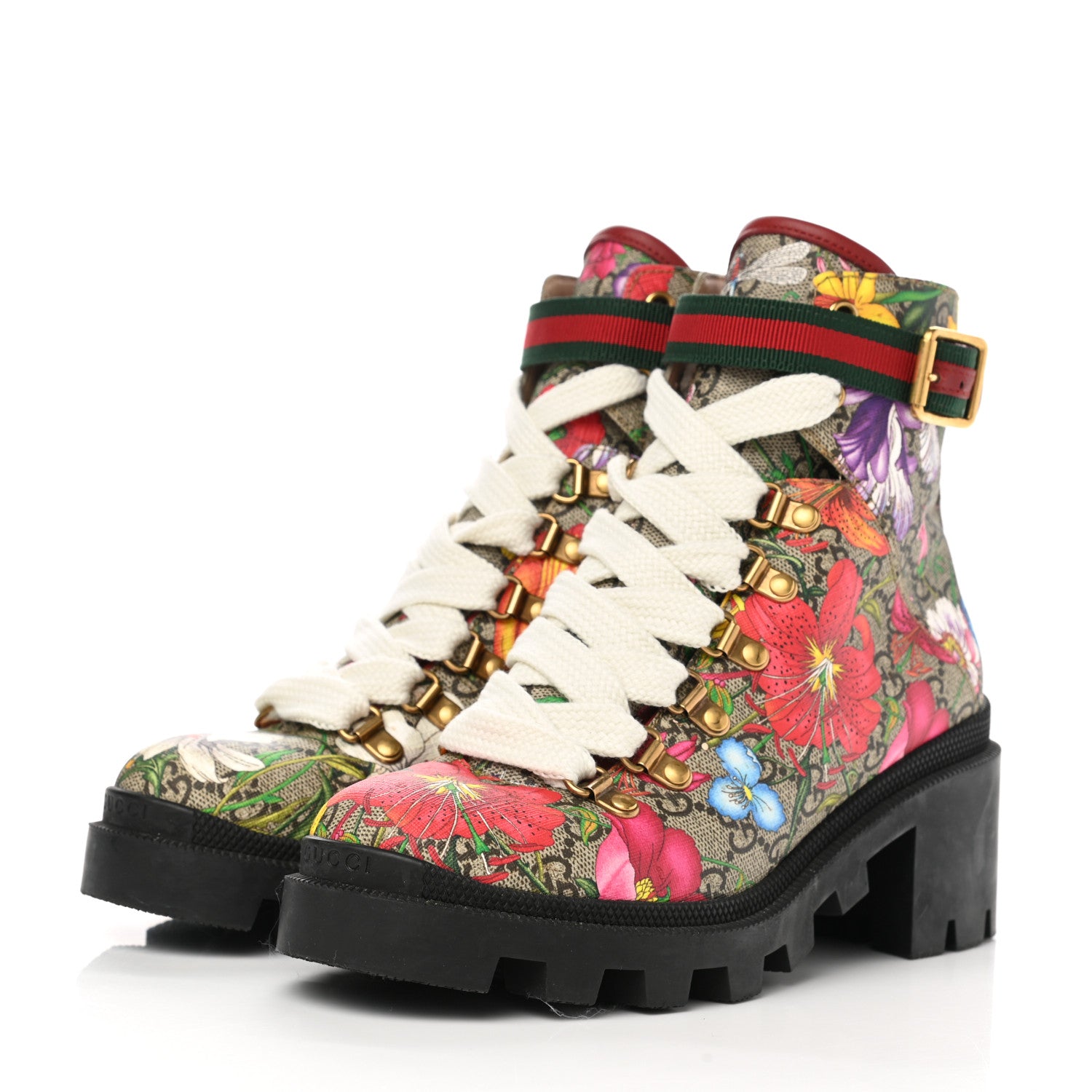 Gucci GG Supreme Monogram Flora Lace Up Combat Ankle Boots 37.5 Beige Multicolor Red 2 of 9