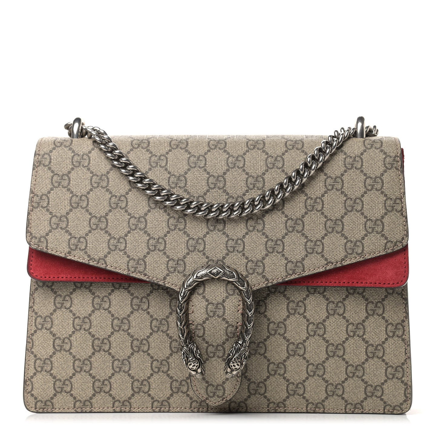 GG Supreme Monogram Suede Cudu Medium Dionysus Shoulder Bag Beige Ebony Vulcanic Red