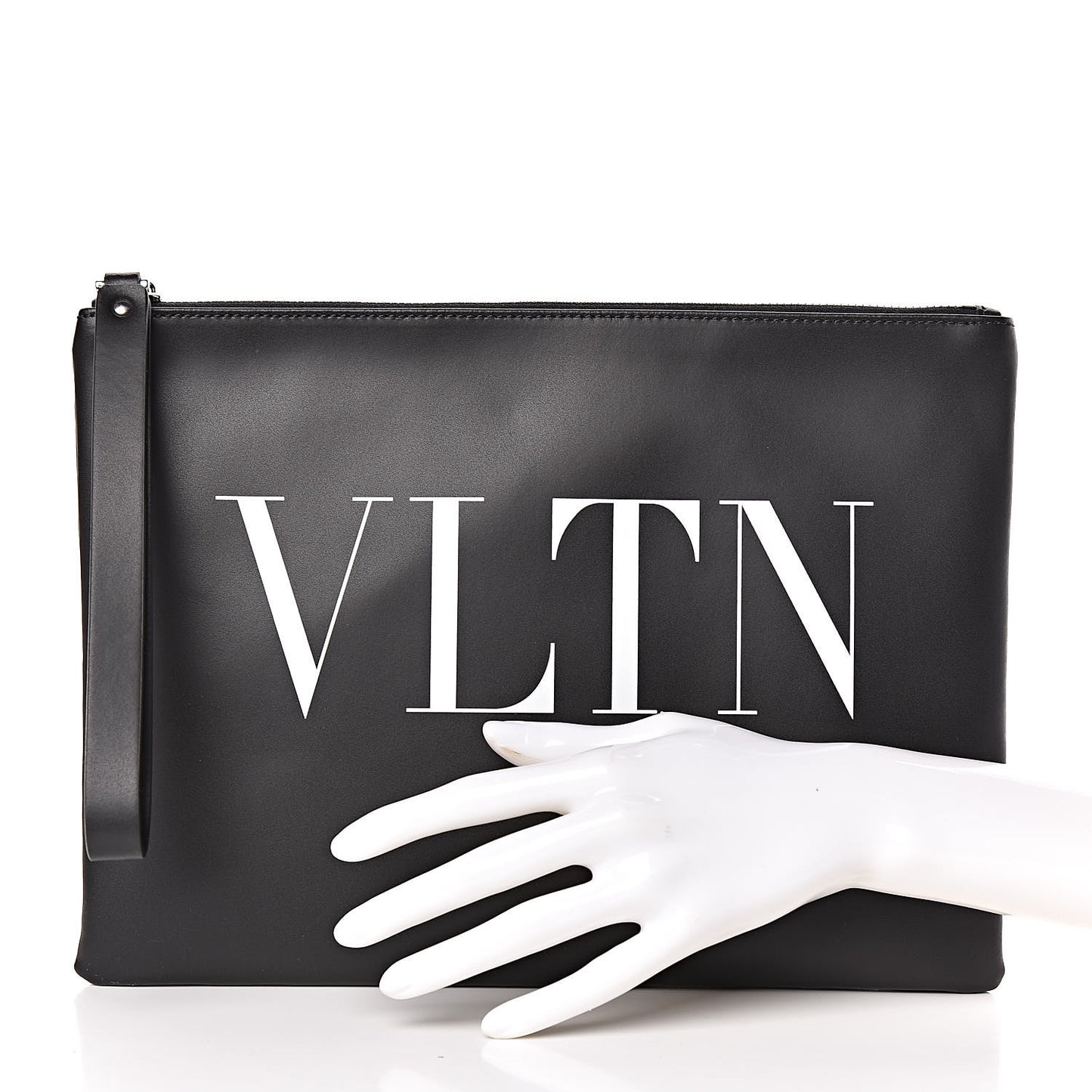 Calfskin VLTN Large Zip Wristlet Pouch Black White