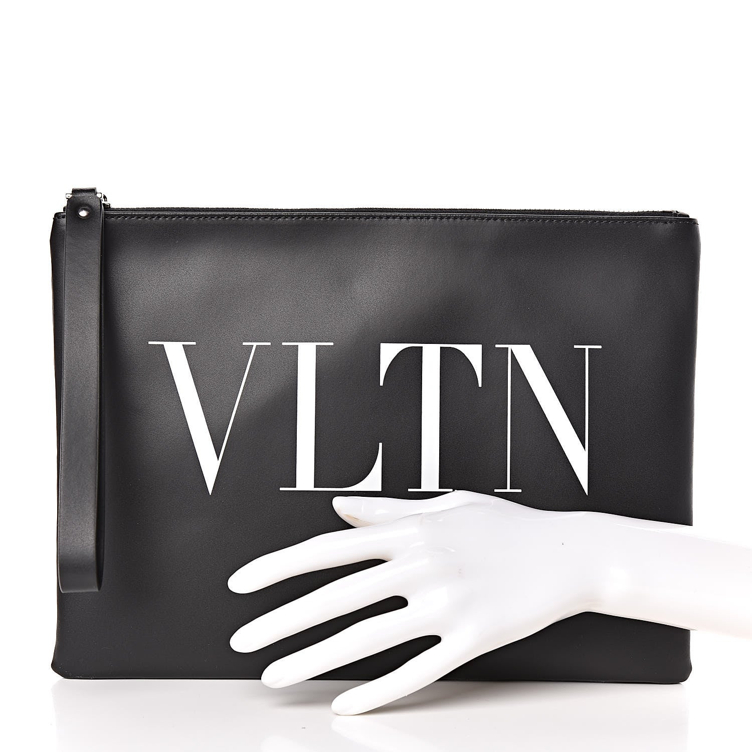 Valentino Garavani Calfskin VLTN Large Zip Wristlet Pouch Black White 2 of 6