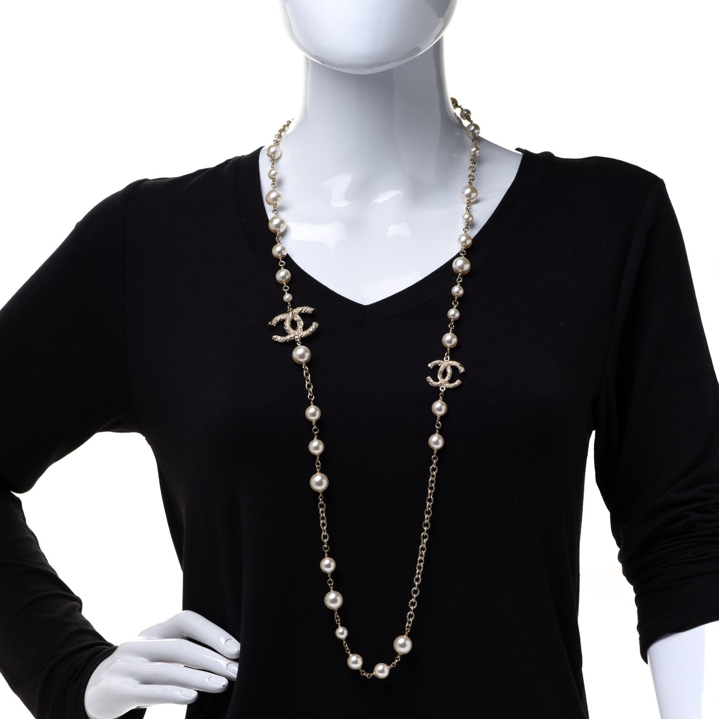 Pearl Crystal Twisted CC Long Necklace Gold