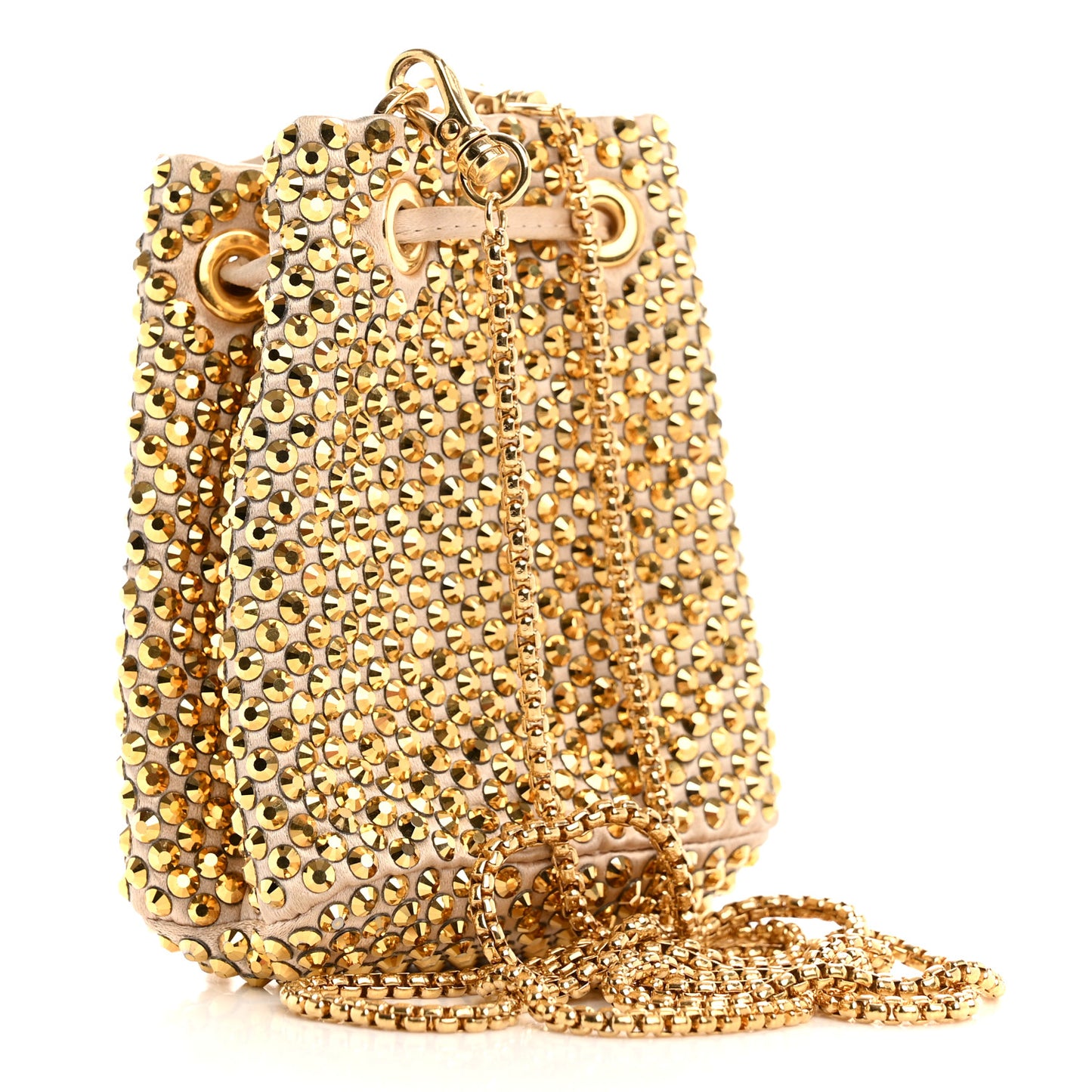 Satin Crystal Metal Triangle Logo Mini Drawcord Pouch Shoulder Bag Platino