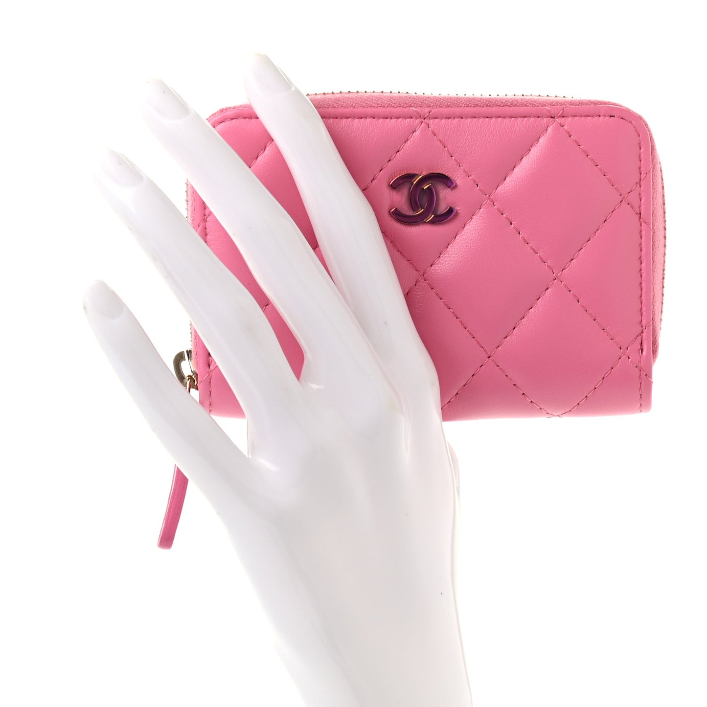 Lambskin Quilted Zip Around Coin Purse Wallet Pink Yellow