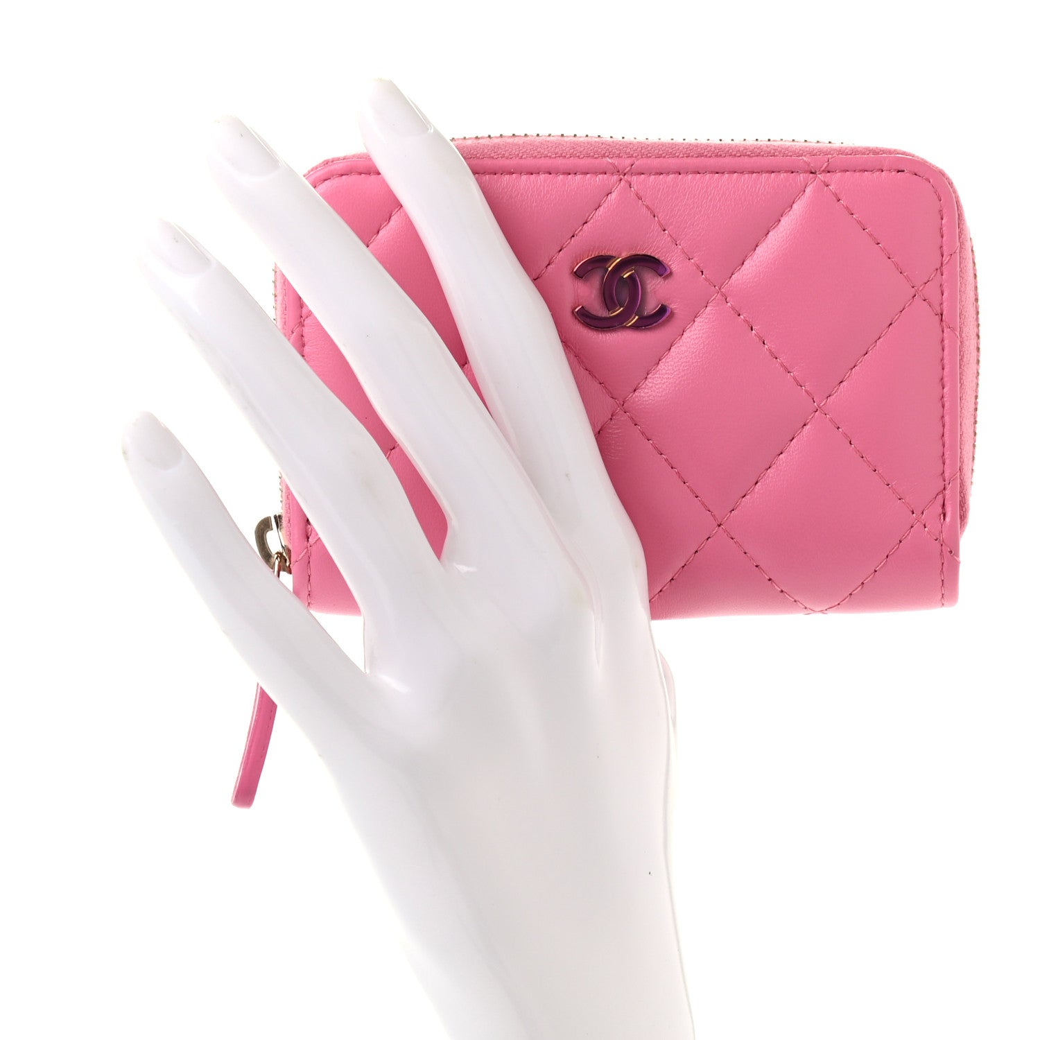 Chanel Lambskin Quilted Zip Around Coin Purse Wallet Pink Yellow 2 of 7