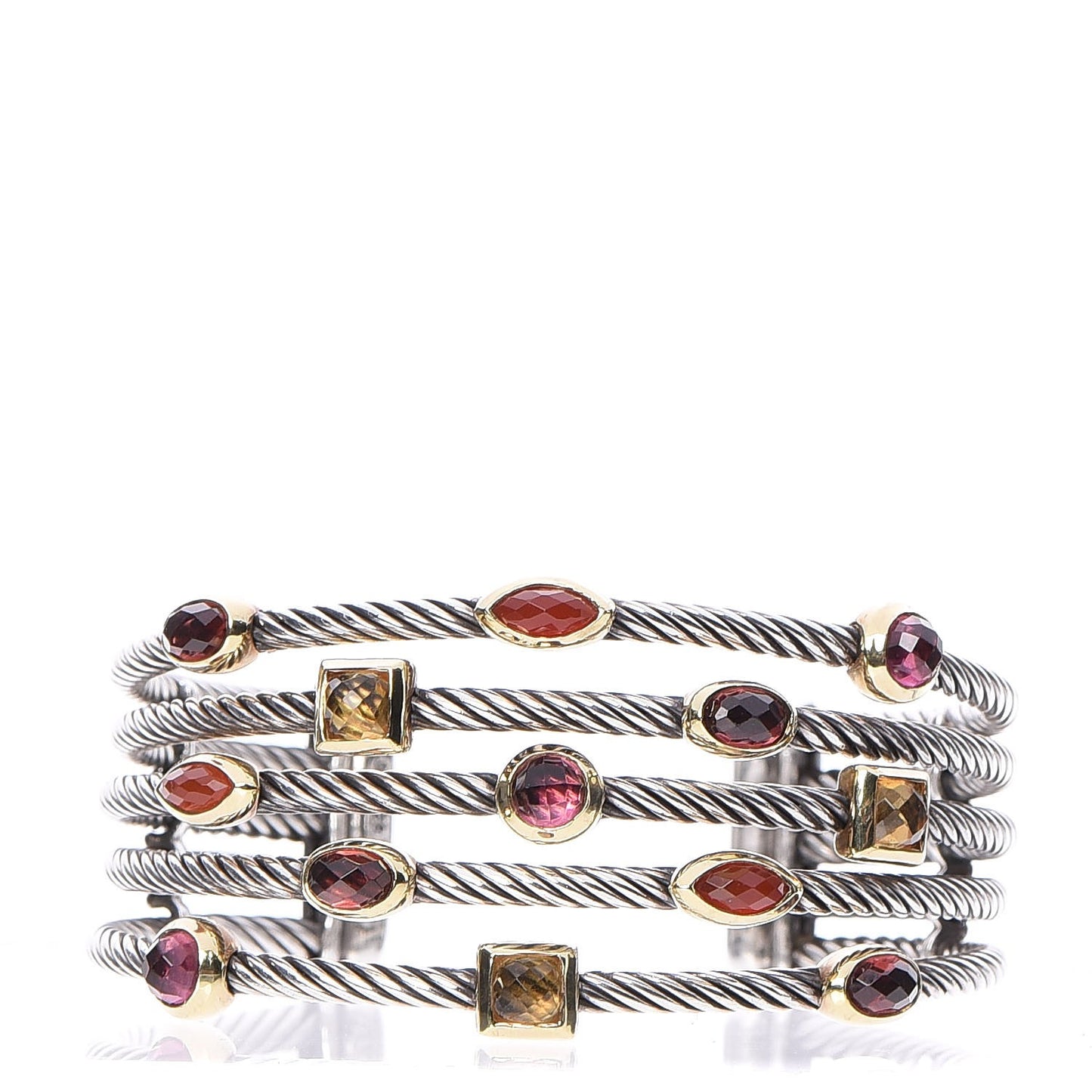 Sterling Silver 18K Yellow Gold Garnet Pink Tourmaline Citrine Carnelian Confetti Five Row Cuff Bracelet