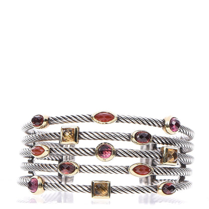 David Yurman Sterling Silver 18K Yellow Gold Garnet Pink Tourmaline Citrine Carnelian Confetti Five Row Cuff Bracelet 1 of 4