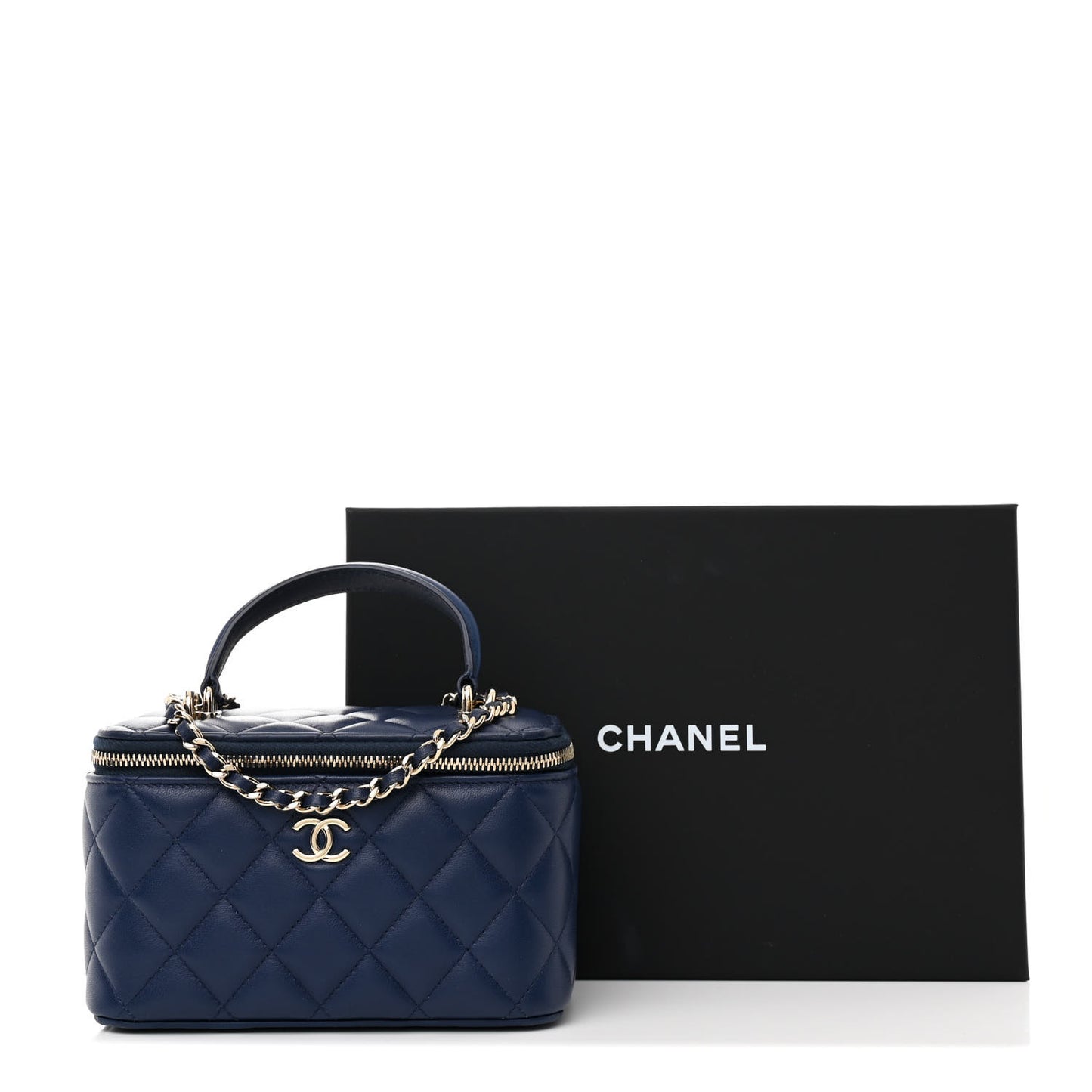 Lambskin Quilted Small Top Handle Vanity Case With Chain Navy