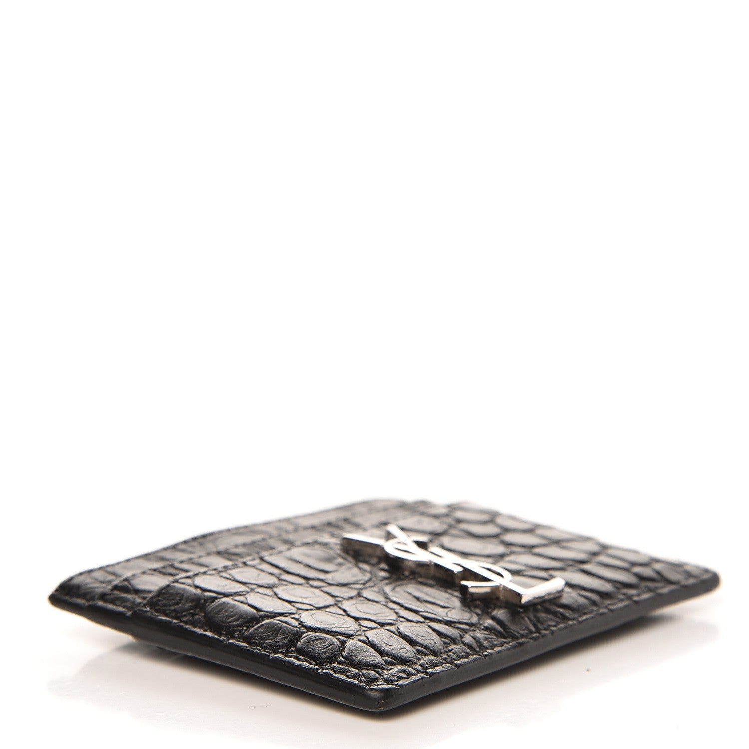 Saint Laurent Calfskin Crocodile Embossed Monogram Credit Card Case Black 4 of 8
