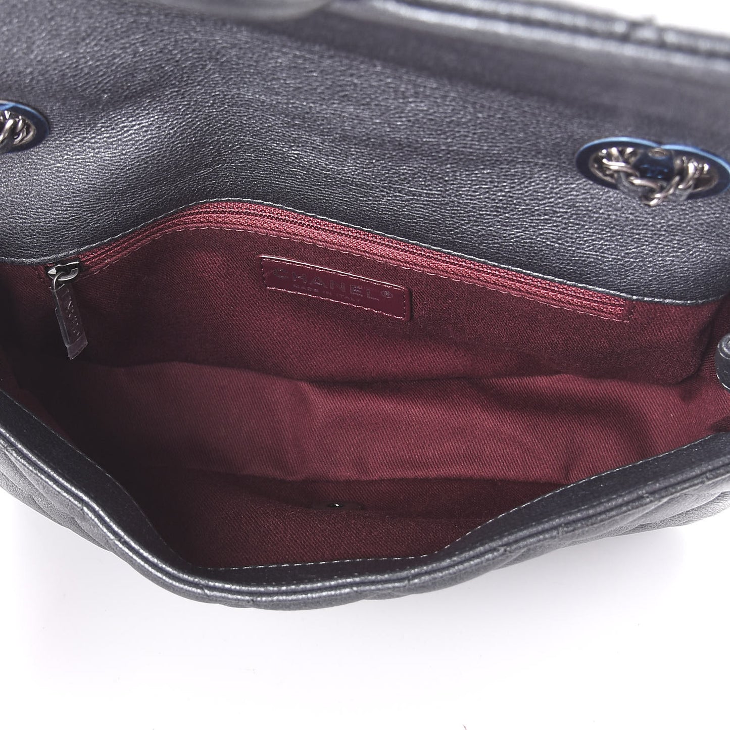 Metallic Calfskin Quilted Medium CC Eyelet Flap Dark Silver