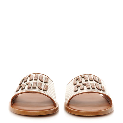 Miu Miu Canvas Calfskin Logo Sandals 38.5 Naturale 3 of 8