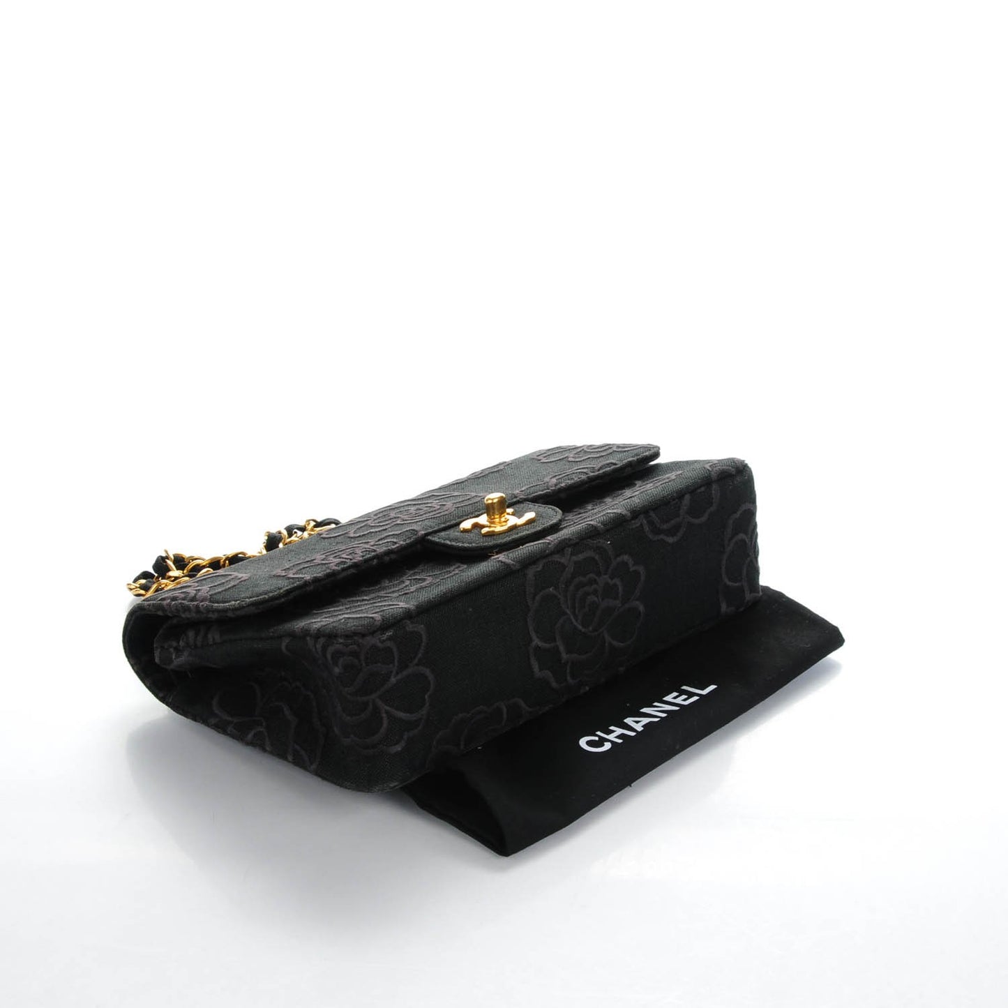 Canvas Camellia Embroidered Small Double Flap Black