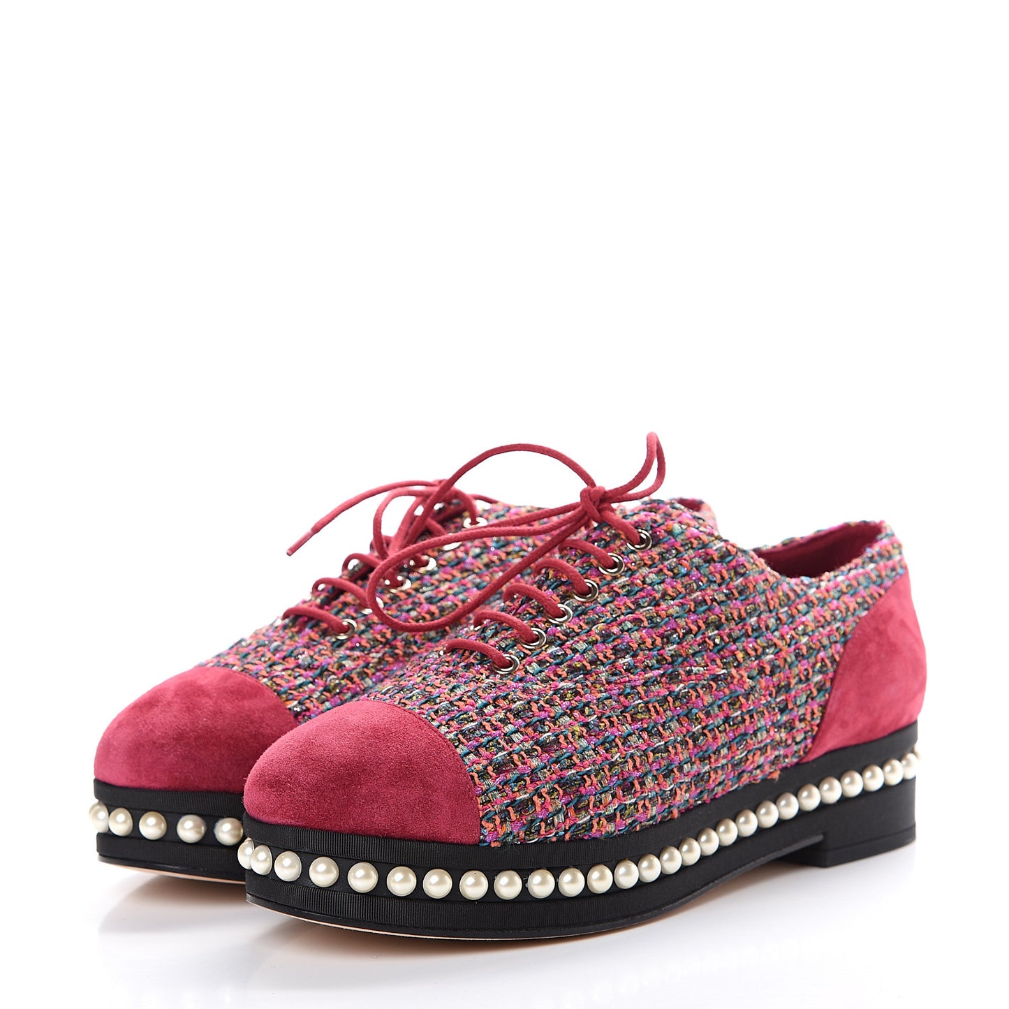 Tweed Calfskin Pearl Lace Up Sneakers 38 Fuchsia Orange Green Red