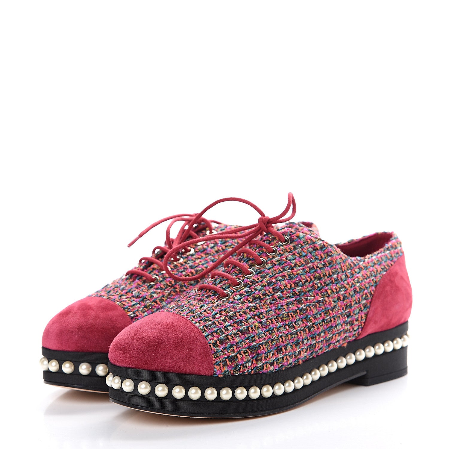 Chanel Tweed Calfskin Pearl Lace Up Sneakers 38 Fuchsia Orange Green Red 3 of 9
