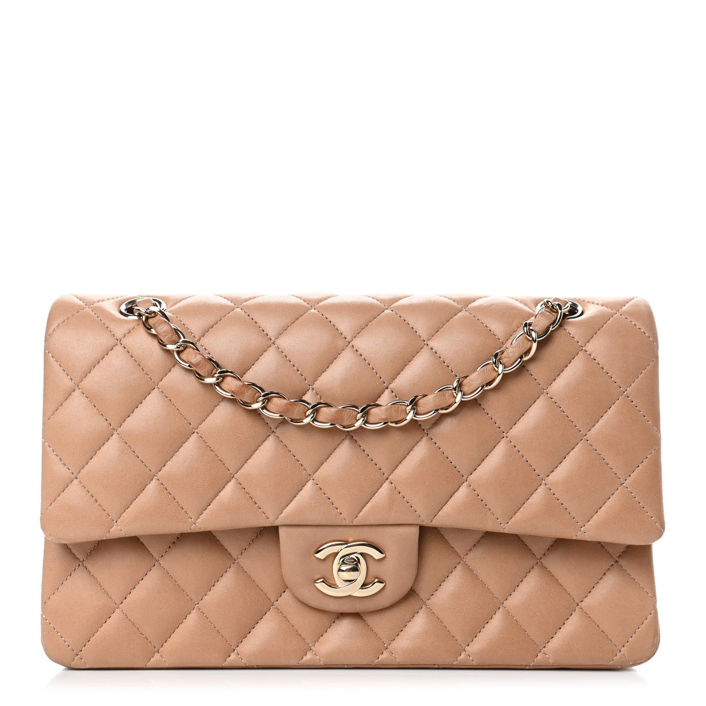 Lambskin Quilted Medium Double Flap Beige