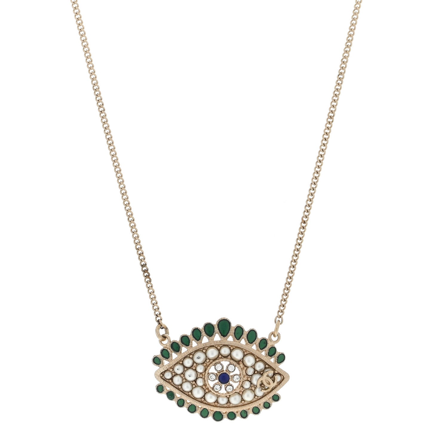Chanel Resin Crystal Glass Pearl Eye Pendant Necklace Gold Multicolor 1 of 3