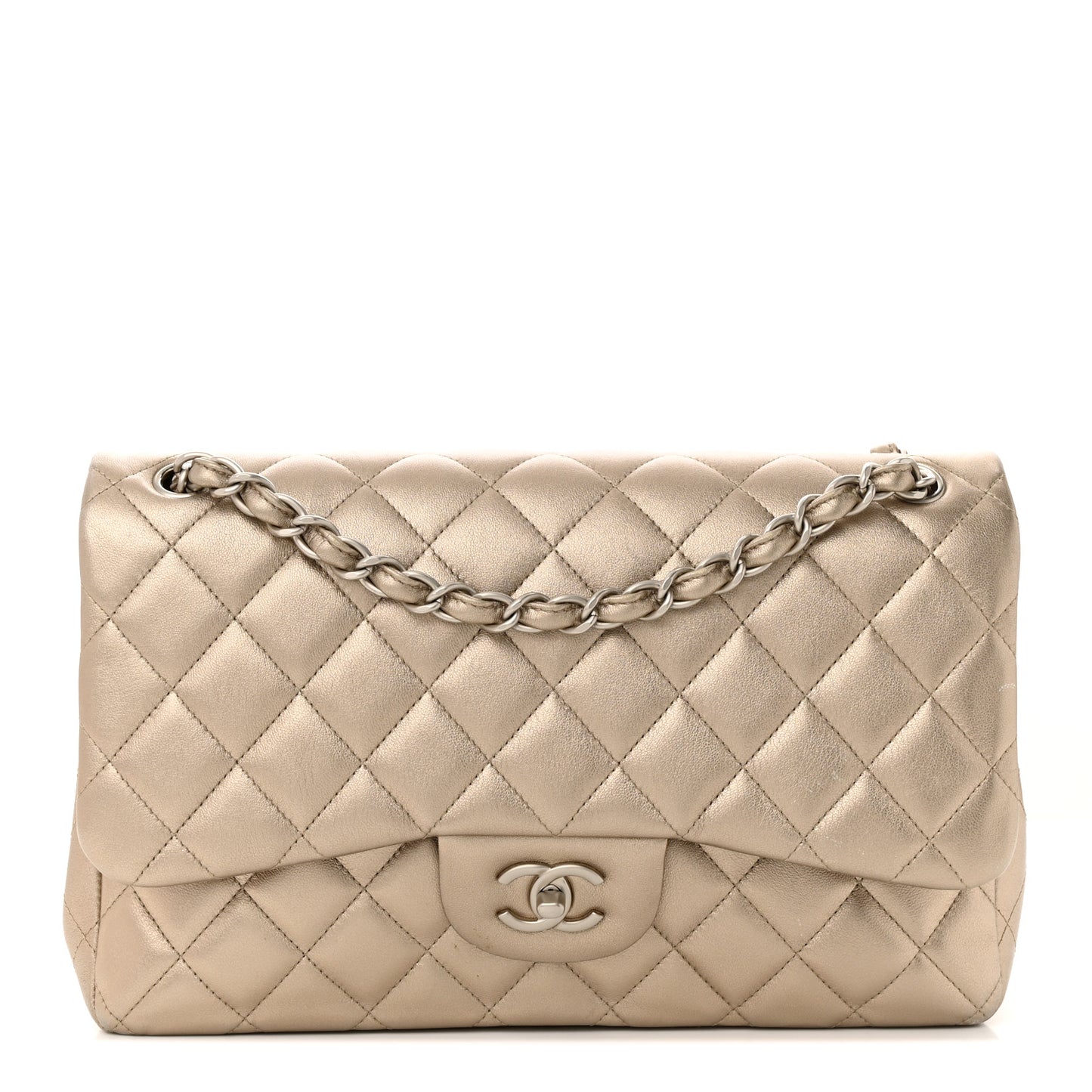 Metallic Lambskin Quilted Jumbo Double Flap Gold
