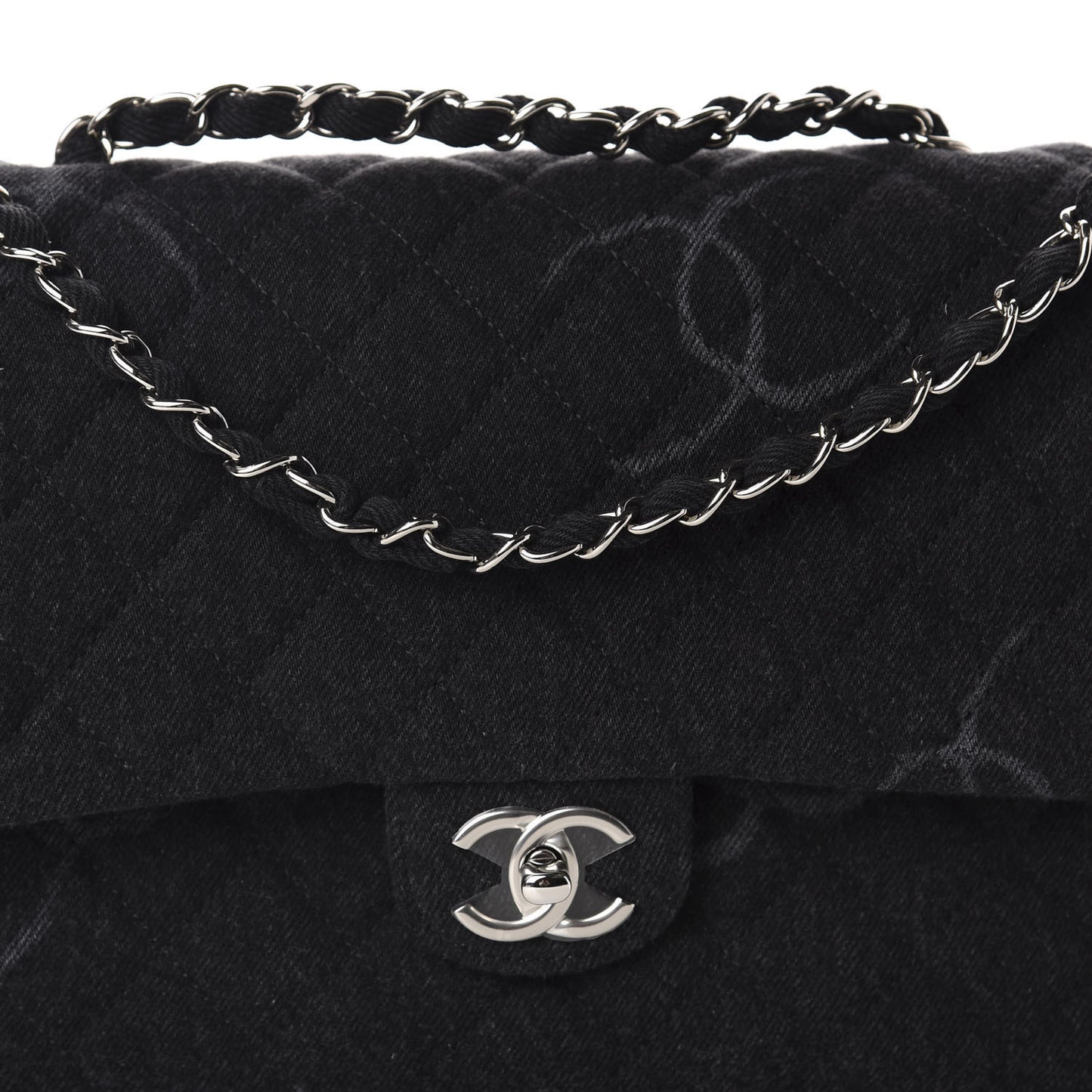 Denim Quilted CC Print Jumbo Single Flap Black