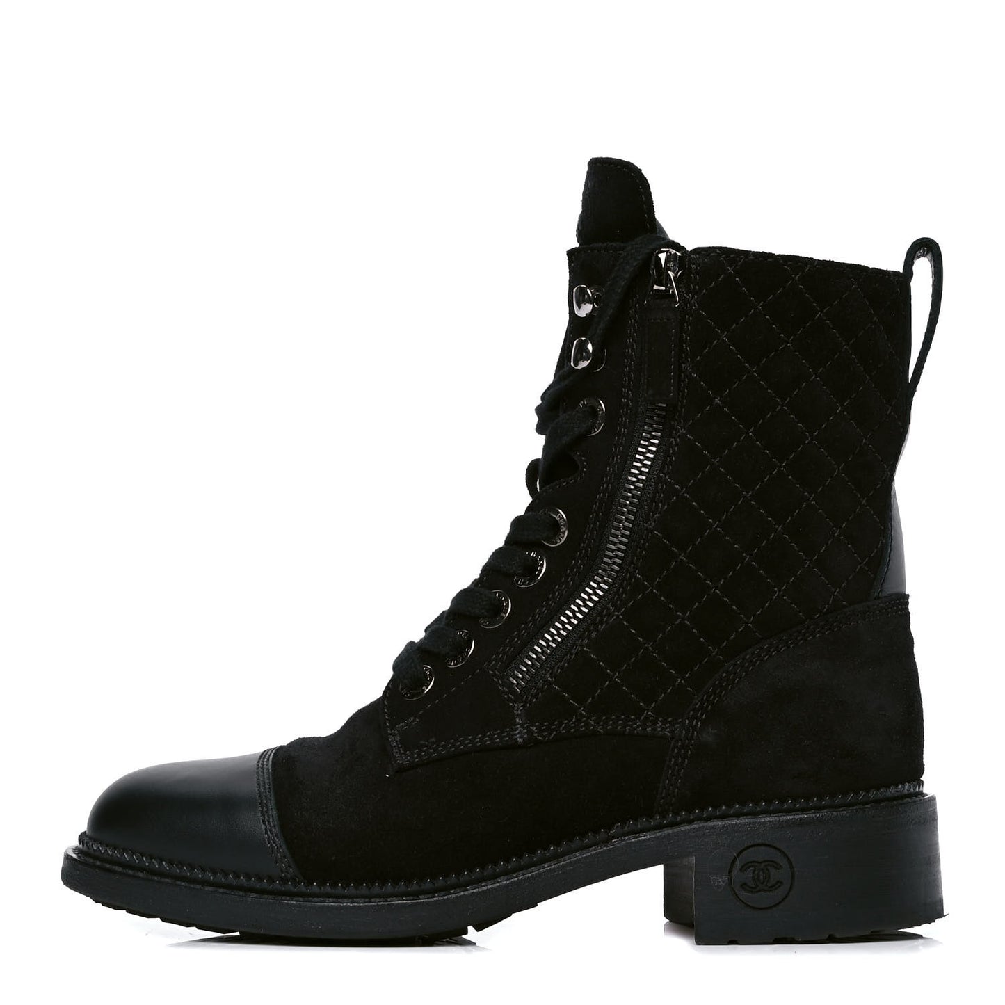 Suede Quilted CC Lace Up Combat Boots 37 Black