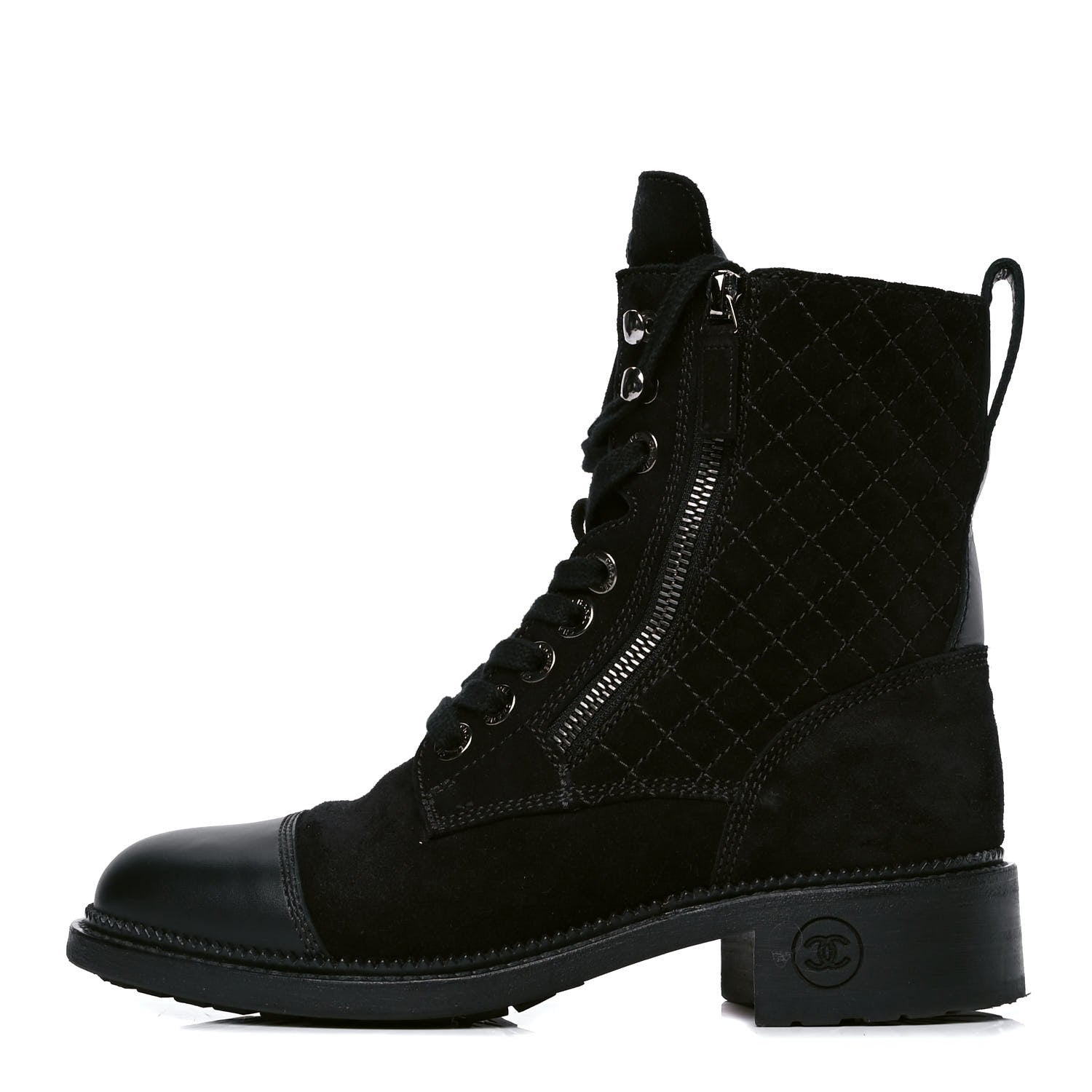 Chanel Suede Quilted CC Lace Up Combat Boots 37 Black 1 of 5