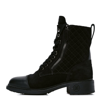 Chanel Suede Quilted CC Lace Up Combat Boots 37 Black 1 of 5