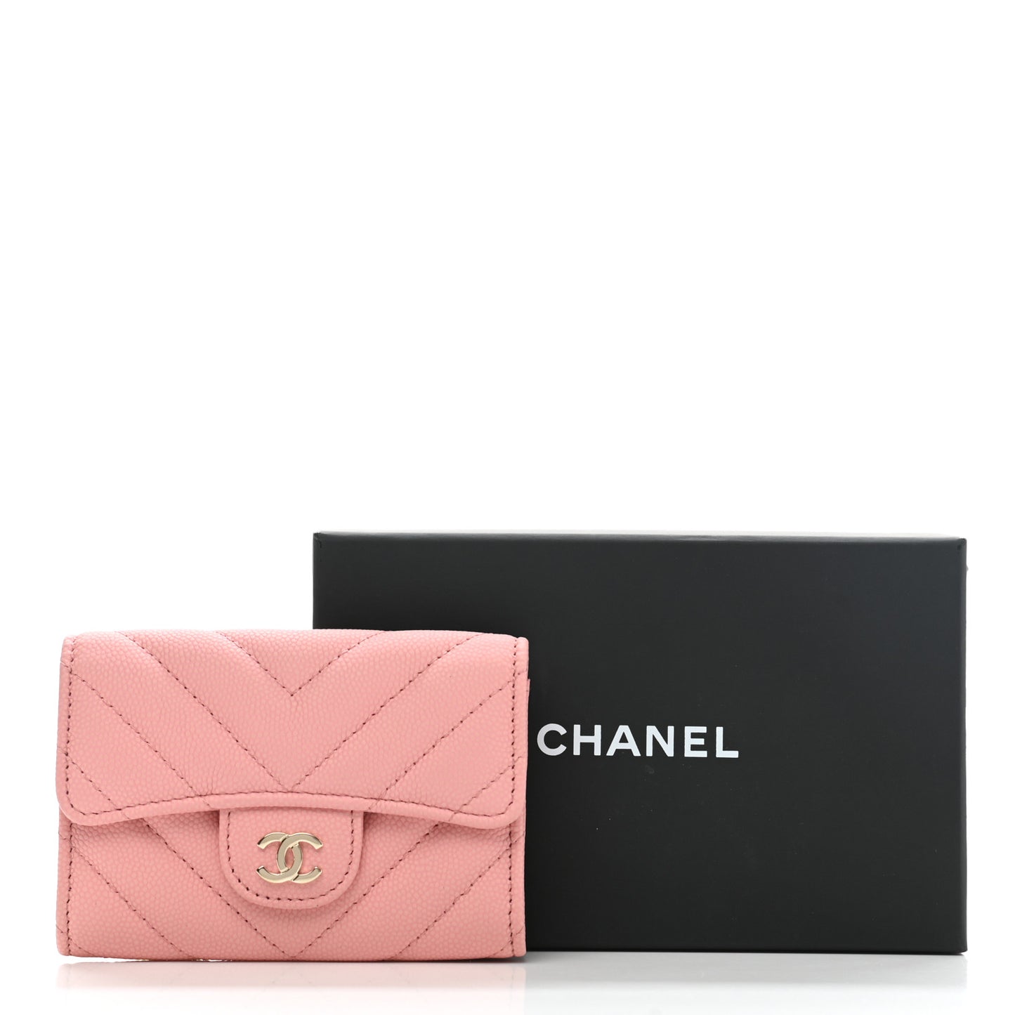Caviar Flat Chevron Quilted Flap Card Holder Pink