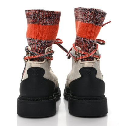 Chanel Suede Knit Womens Sock Lace Up Boots 38 Orange Dark Grey Ivory 5 of 7