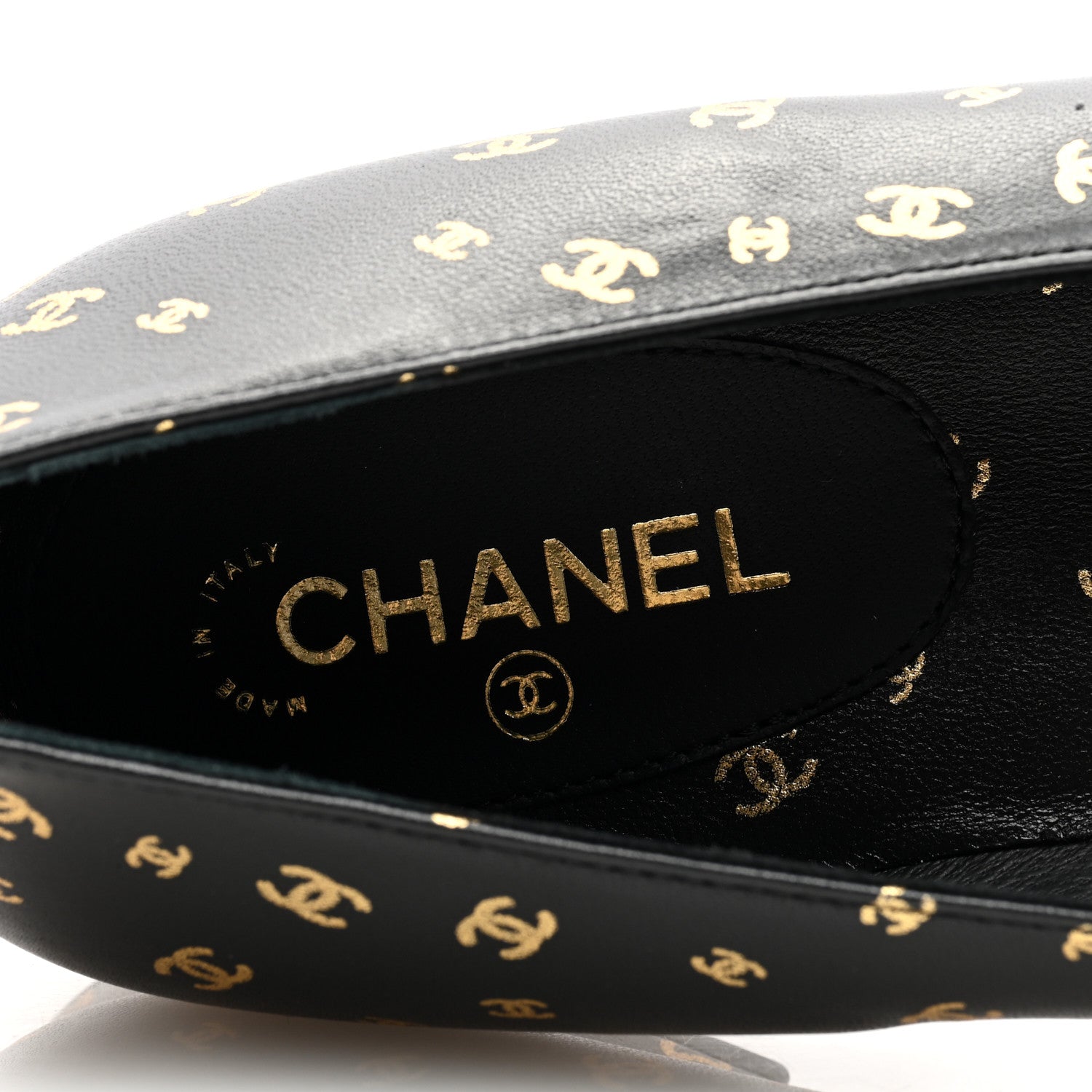 Chanel Lambskin Patent Calfskin Printed CC Cap Toe Ballerina Flats 37.5 Black Gold 7 of 9