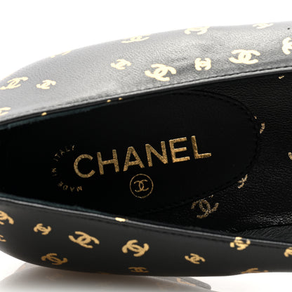 Chanel Lambskin Patent Calfskin Printed CC Cap Toe Ballerina Flats 37.5 Black Gold 7 of 9