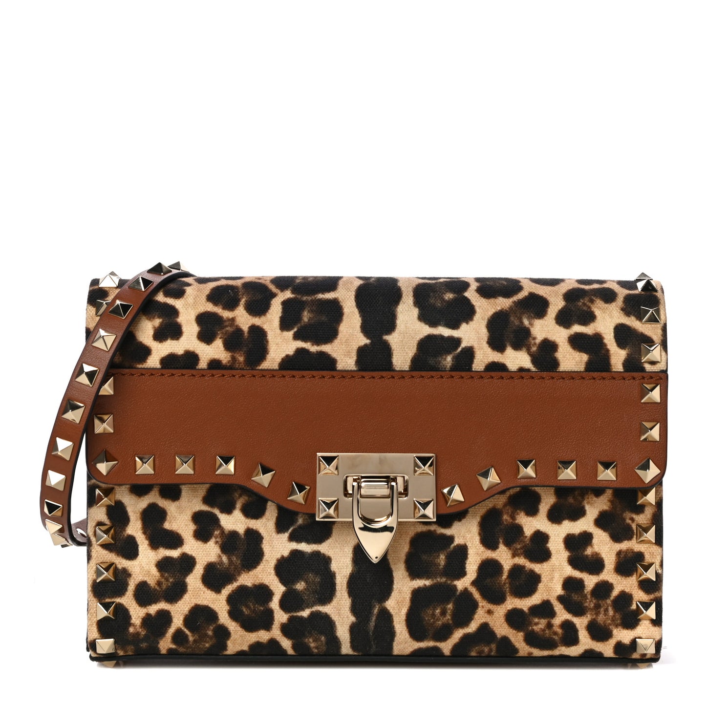 Calfskin Canvas Leopard Print Medium Rockstud Flip Lock Crossbody Bag Tan