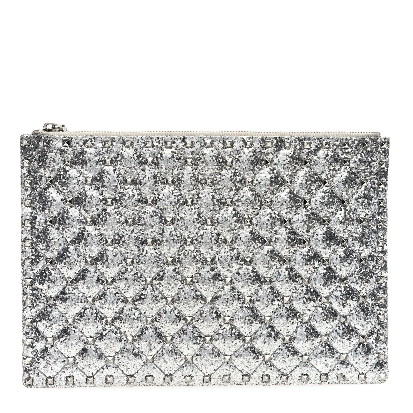Sequin Vitello Rockstud Spike It Zip Pouch Silver