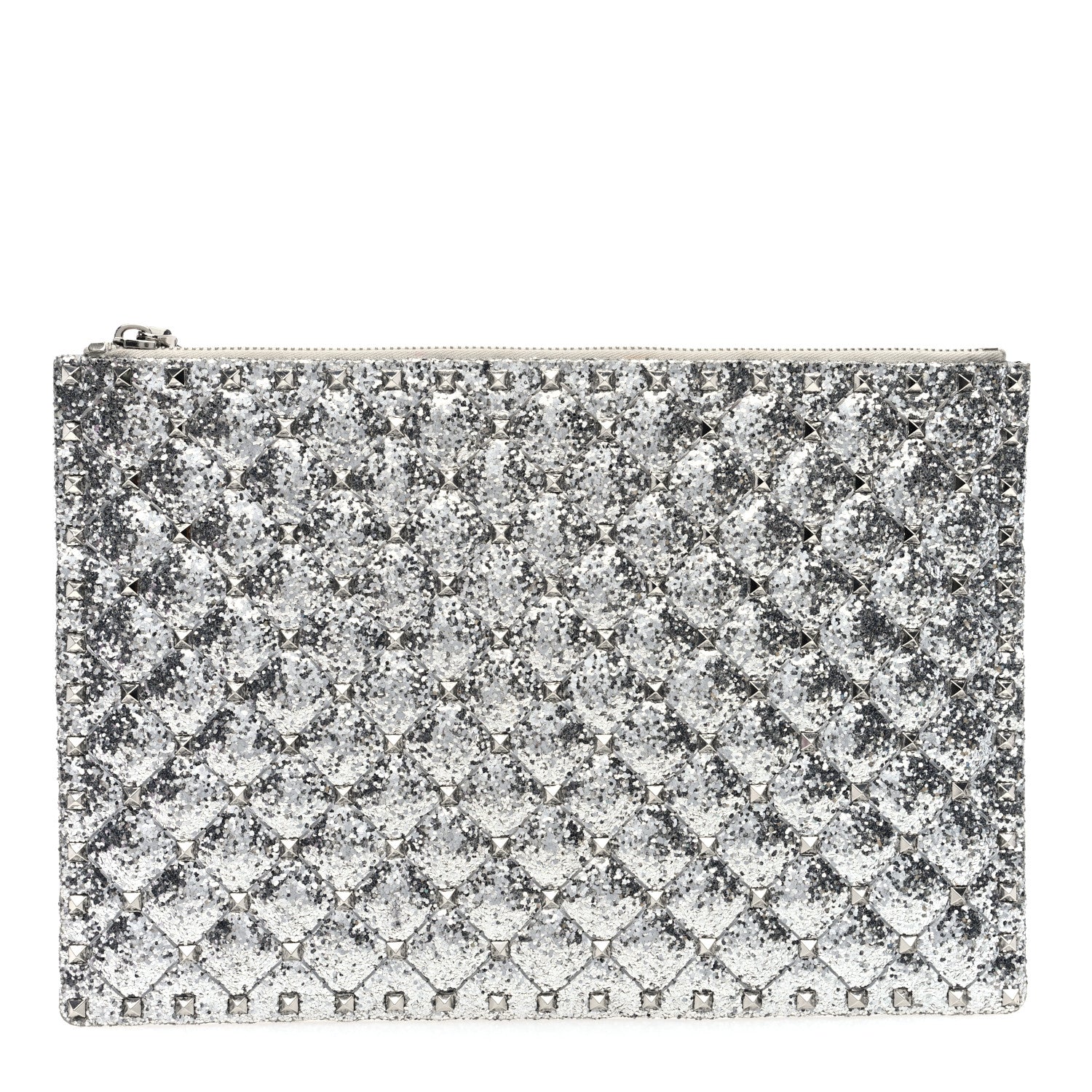 Valentino Garavani Sequin Vitello Rockstud Spike It Zip Pouch Silver 1 of 6