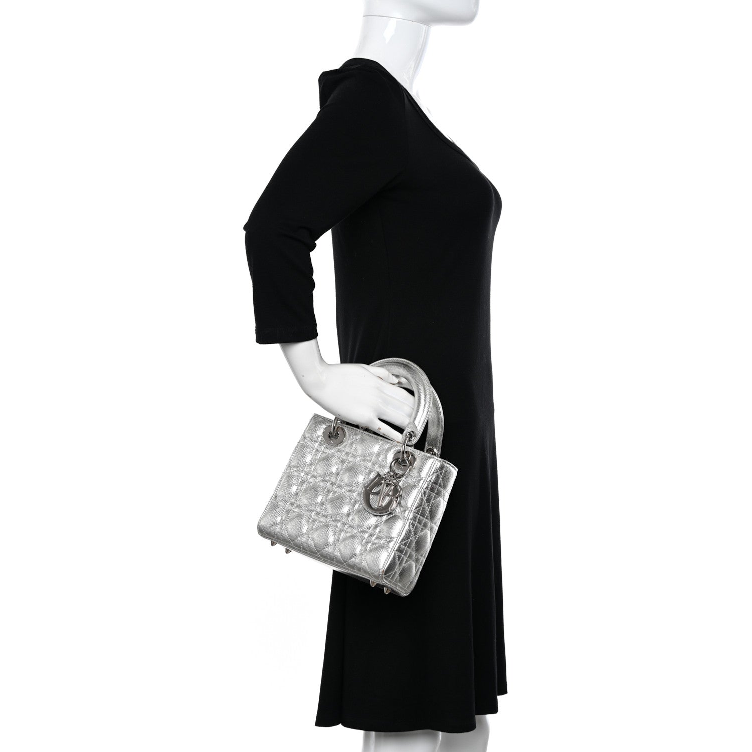 Christian Dior Metallic Grained Calfskin Cannage Small Lady Dior Silver 2 of 17