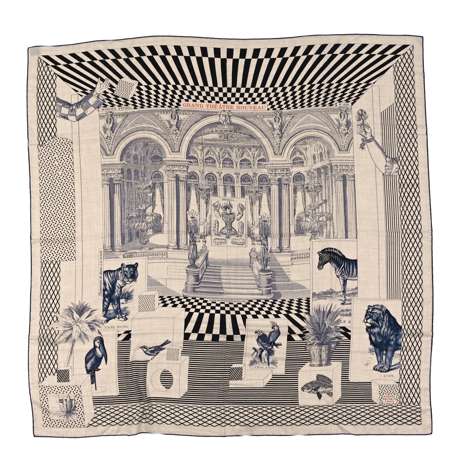 Hermes Cashmere Silk Grand Theatre Nouveau Shawl 140 Naturel Marine Black 1 of 3