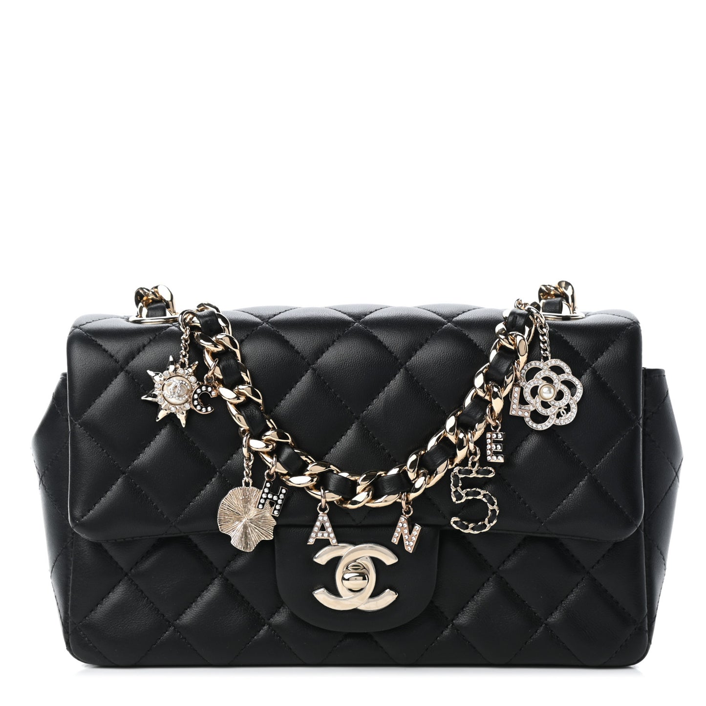 Lambskin Quilted Mini Coco Charms Rectangular Flap Black