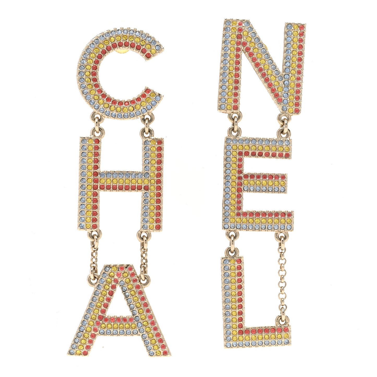 Metal Crystal Rainbow Cha-Nel Logo Drop Earrings Multicolor Gold