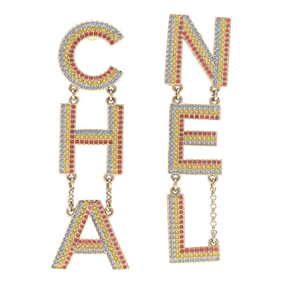 Chanel Metal Crystal Rainbow Cha-Nel Logo Drop Earrings Multicolor Gold 1 of 4