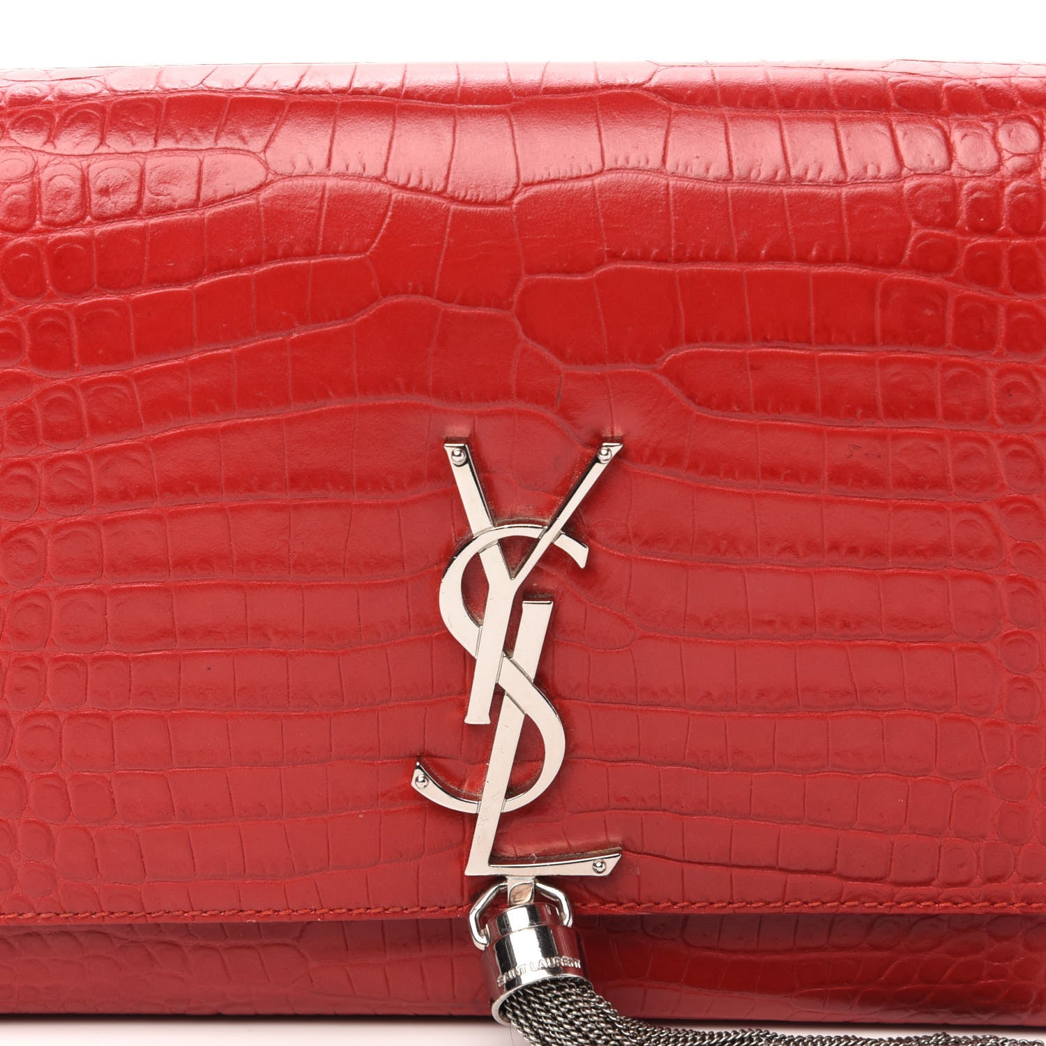 Saint Laurent Calfskin Crocodile Embossed Medium Classic Monogram Kate Tassel Satchel Red 12 of 12