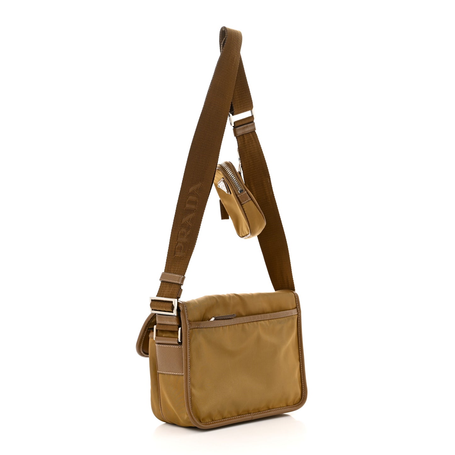 Re-Nylon Saffiano Pocket Double Snap Buckle Shoulder Bag Tabacco