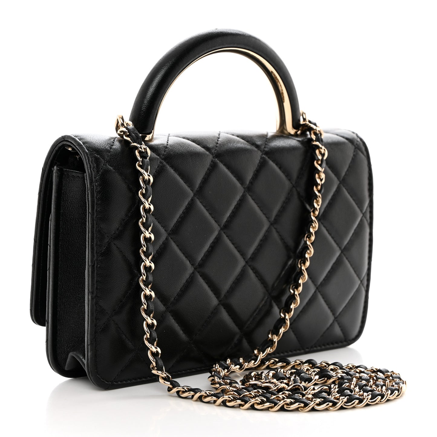 Lambskin Quilted Top Handle Wallet On Chain WOC Black