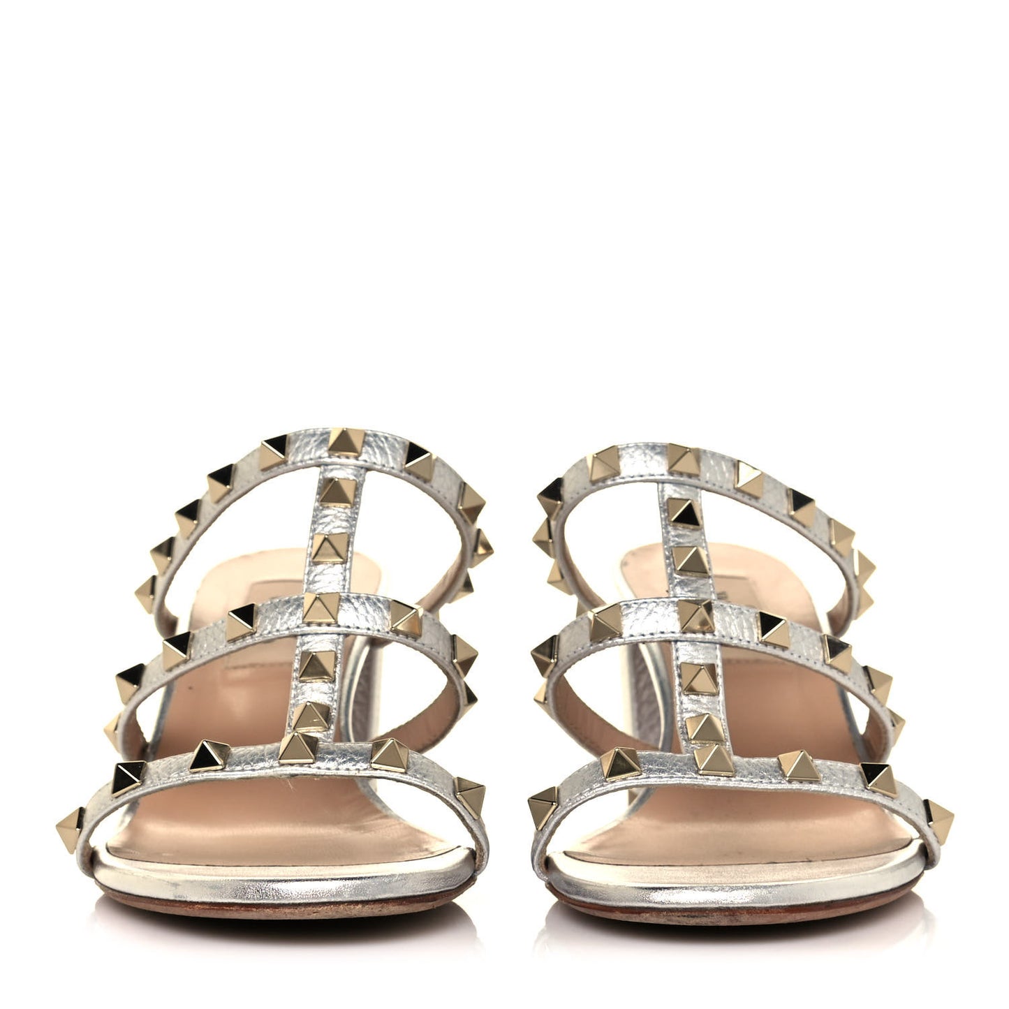 Metallic Pebbled Calfskin Rockstud Caged Slide Sandals 37 Skin
